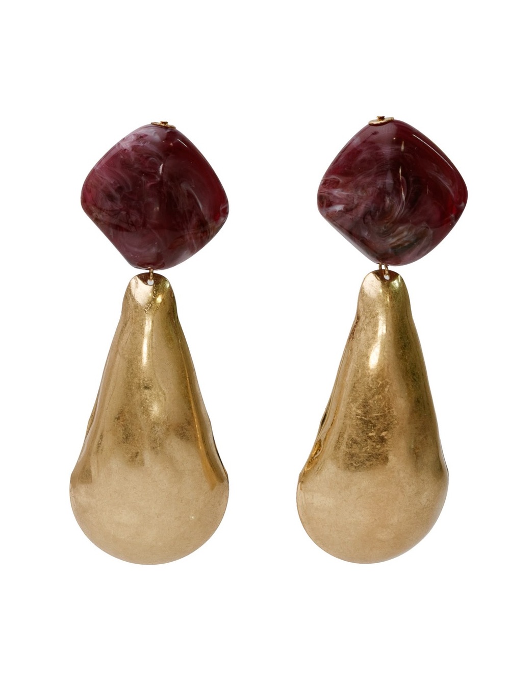 Gold Drop Earrings with Maroon Resin Top